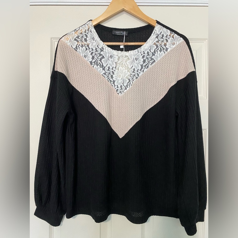 Women's Black and Cream Lace Top